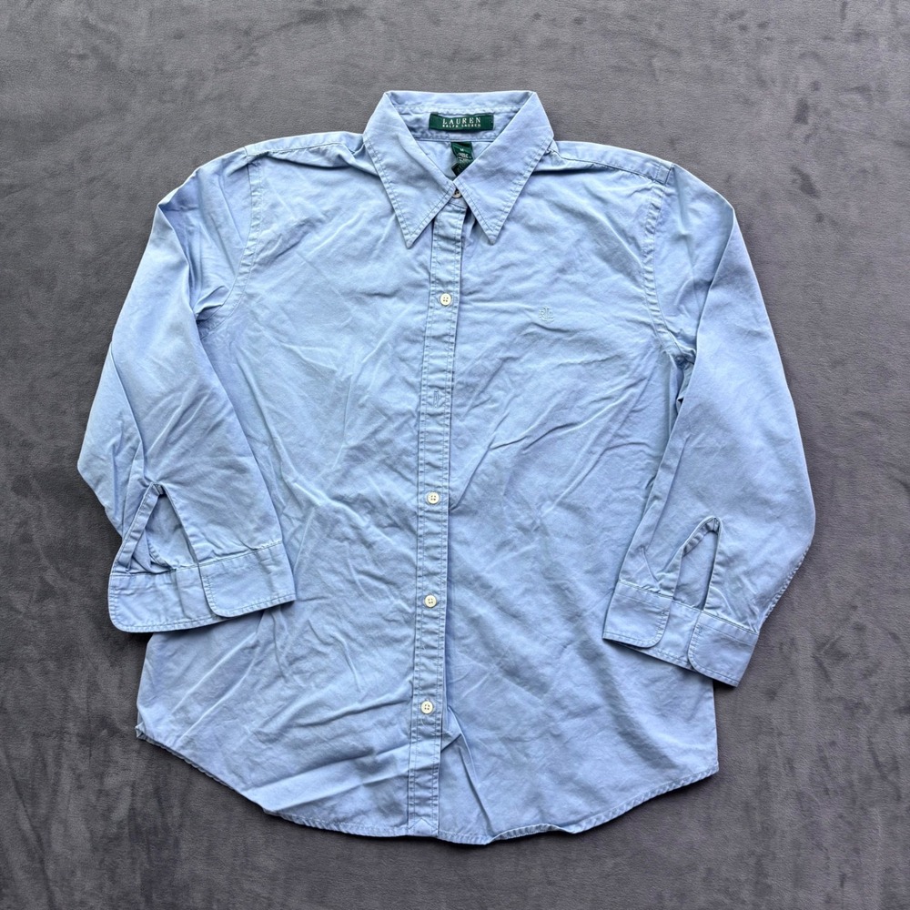 Lauren Ralph Lauren Blue Cotton 3/4 Sleeve Button Down Shirt Womens Medium